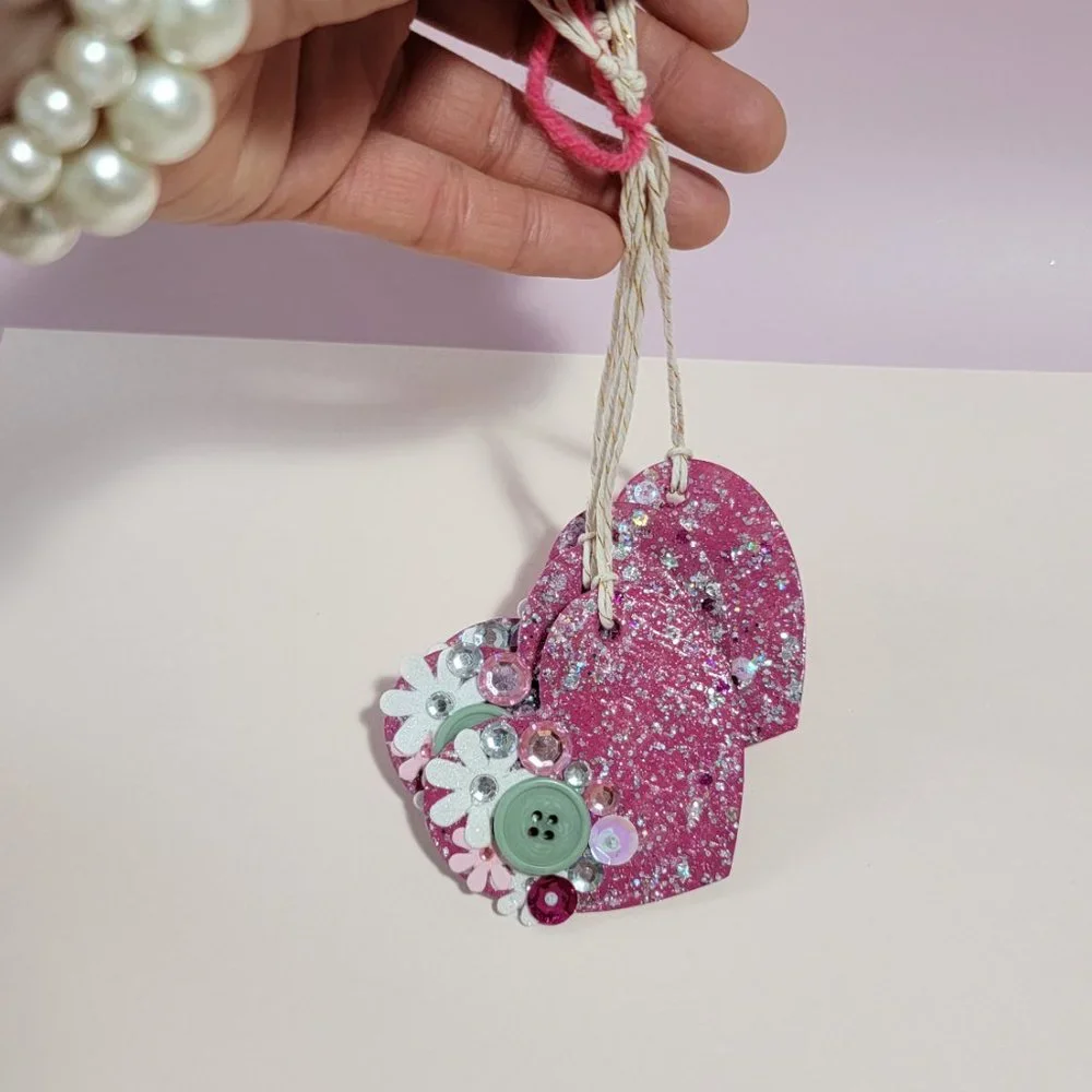 Handmade Pink Glitter Heart Ornament Decor Fuchsia Hanging Gift for Girls
